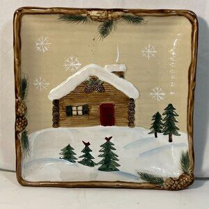 St Nicholas Square Heartland Plate Platter 9" Pine Cones Cabin Snow Christmas